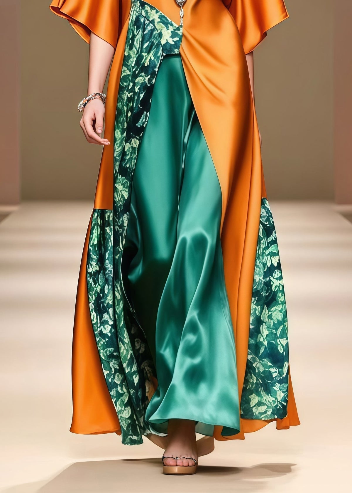 Round Neck Short Sleeve Floral Patchwork Satin Maxi Dress - View 4