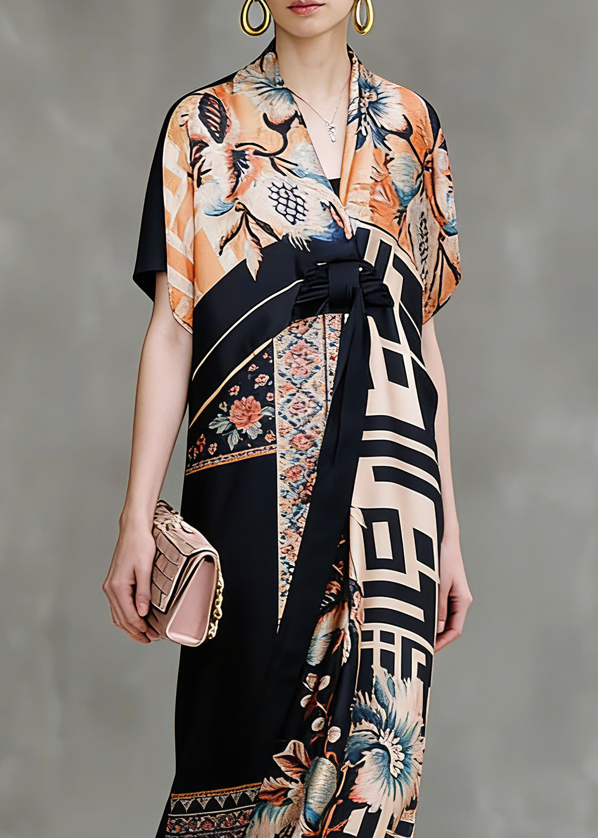 Floral Geometric Print Wrap Deep V-Neck Kimono Sleeve Tie Waist Maxi Gown - View 2