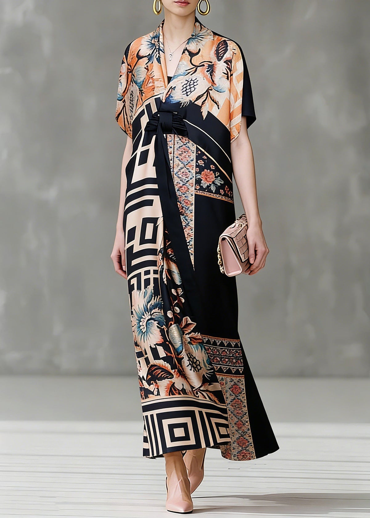 Floral Geometric Print Wrap Deep V-Neck Kimono Sleeve Tie Waist Maxi Gown - View 3