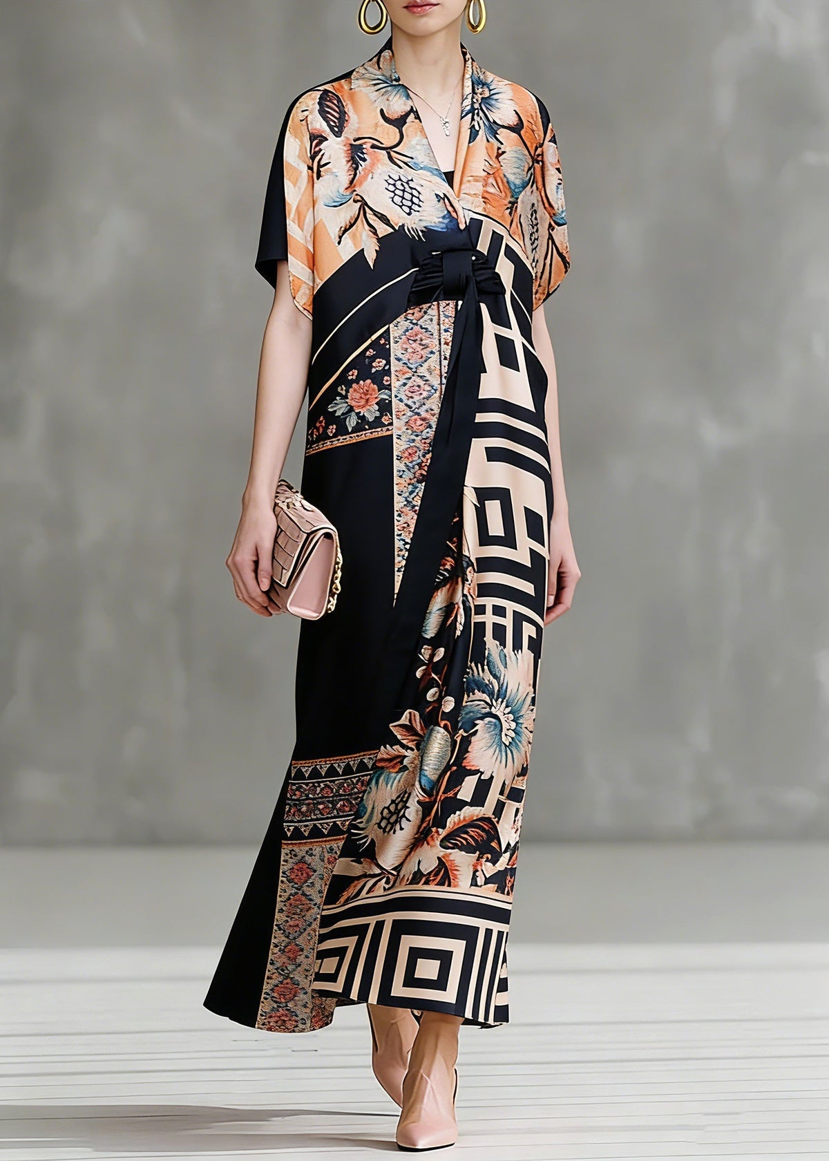 Floral Geometric Print Wrap Deep V-Neck Kimono Sleeve Tie Waist Maxi Gown - View 5
