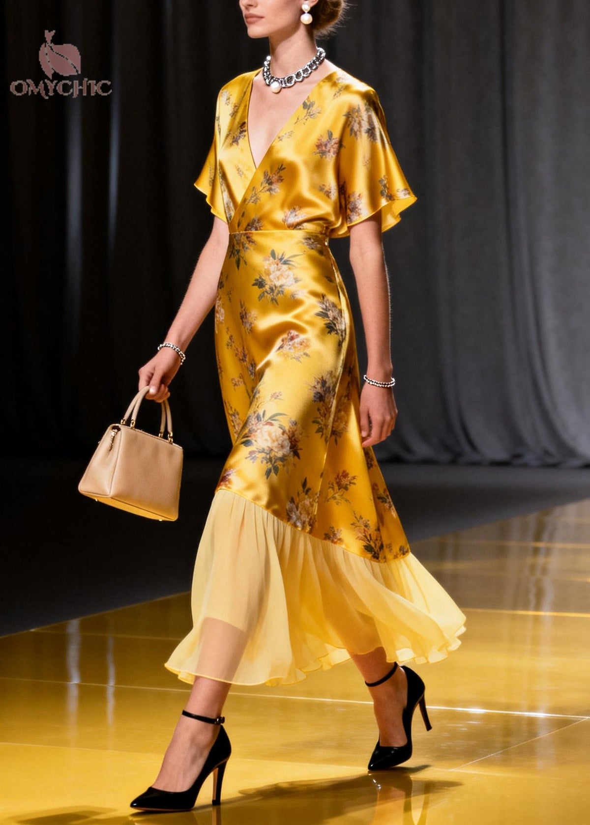 Satin Floral Wrap V-Neck Flutter Sleeve Sheer Ruffle Hem Midi Dress - View 3
