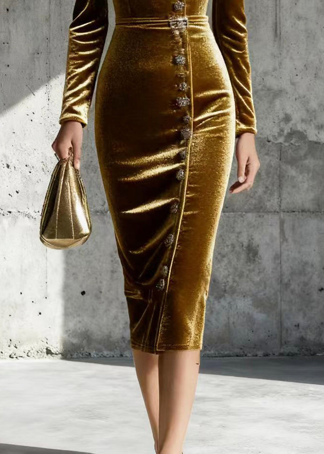 Velvet Wrap V-Neck Long Sleeve Rhinestone Button Bodycon Midi Dress - View 4
