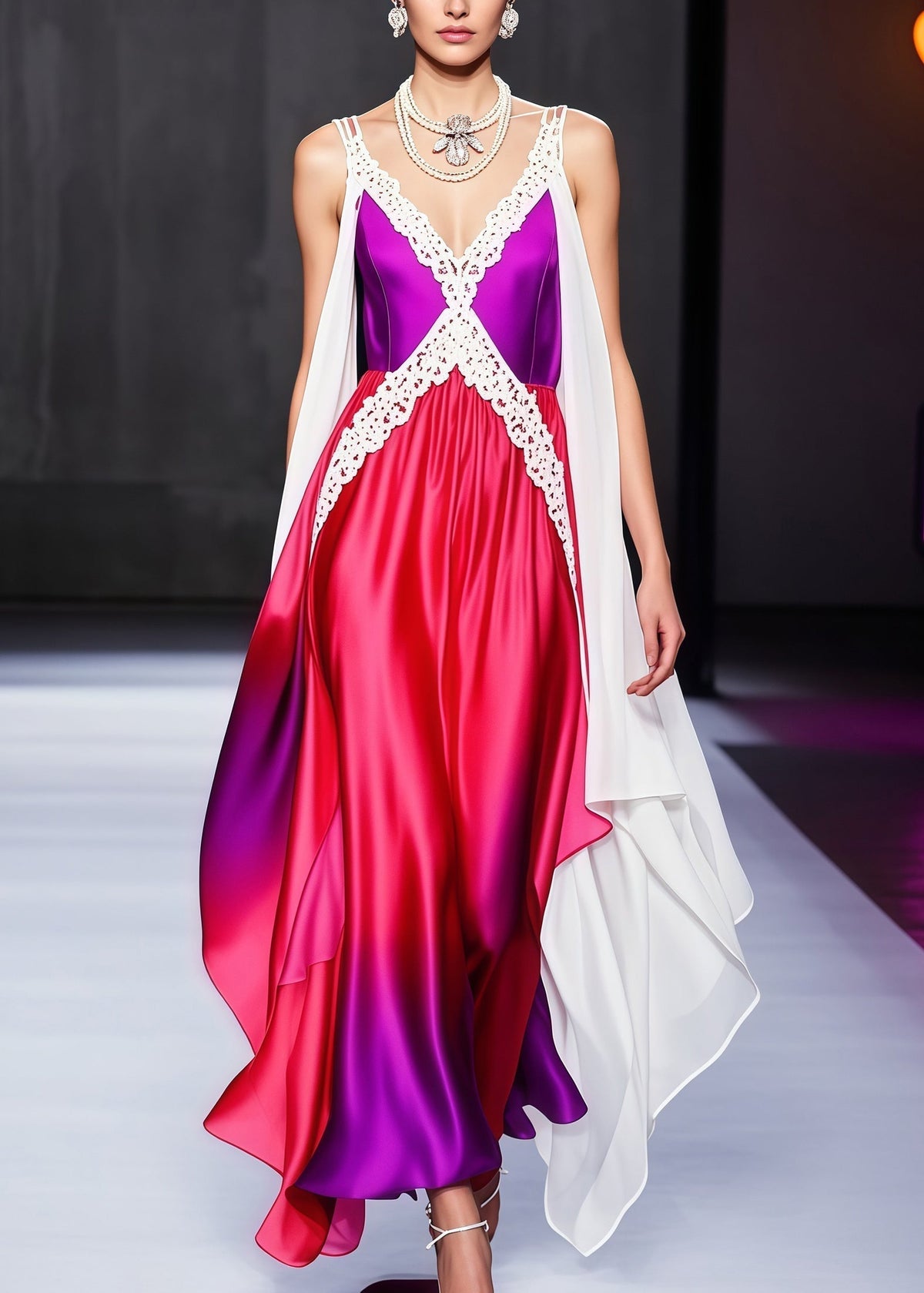 Deep V-Neck Lace Trim Satin Draped Tiered Cape Panel Maxi Gown - View 3