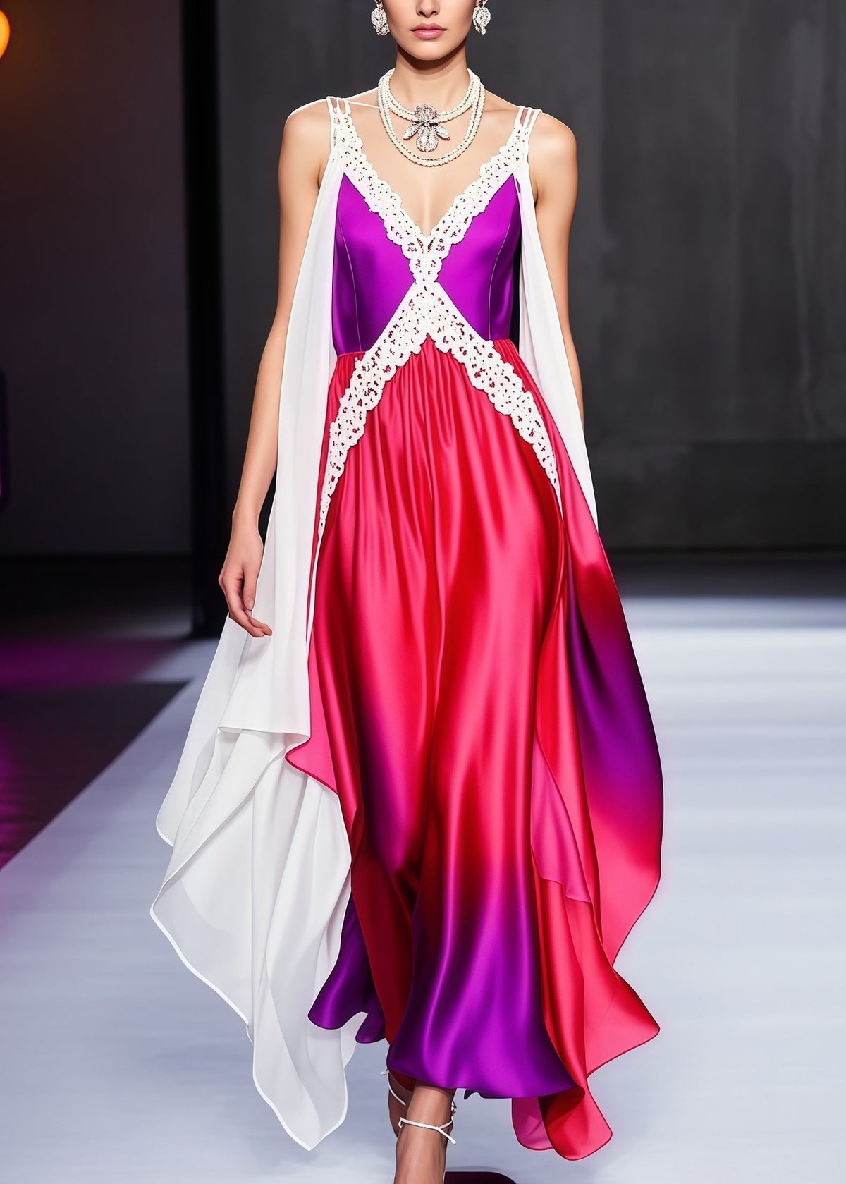 Deep V-Neck Lace Trim Satin Draped Tiered Cape Panel Maxi Gown - View 5