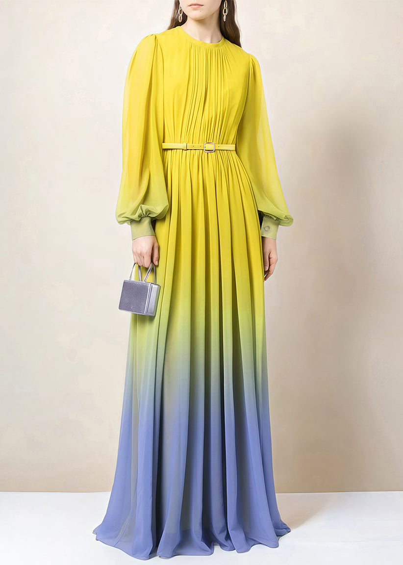 Chiffon Ombre Gradient Pleated Mock Neck Bishop Sleeve Maxi Gown