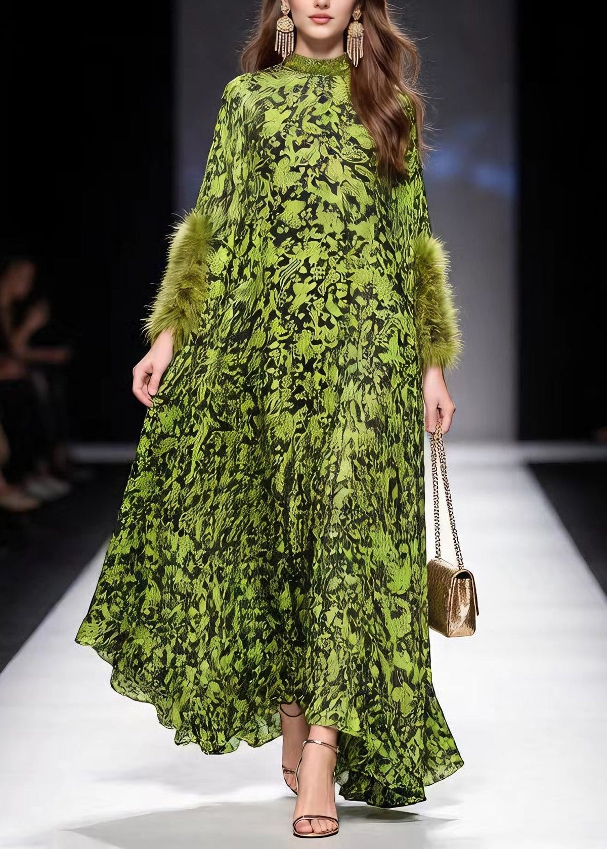 Italian Green Print Fur Patchwork Chiffon Maxi Dresses Spring - View 3