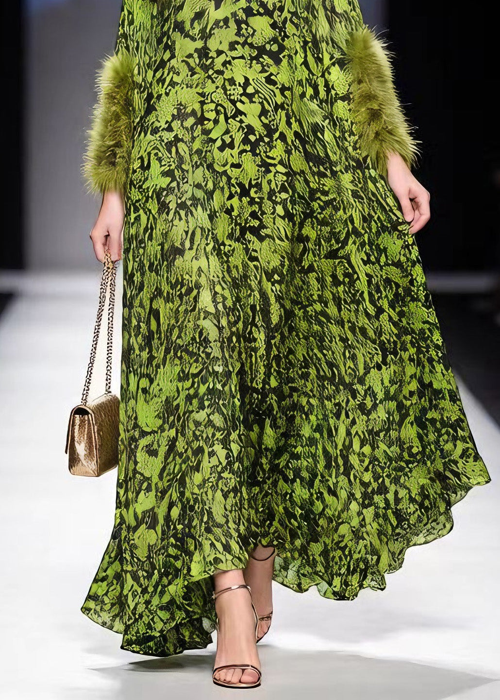 Italian Green Print Fur Patchwork Chiffon Maxi Dresses Spring - View 4