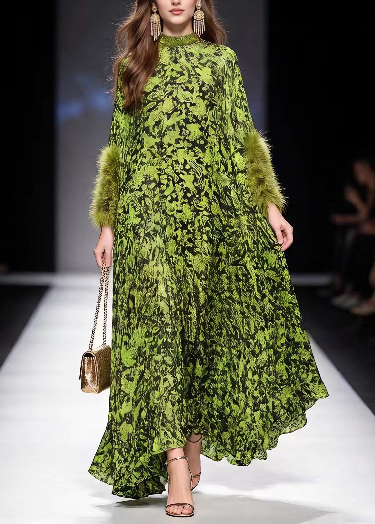 Italian Green Print Fur Patchwork Chiffon Maxi Dresses Spring - View 5