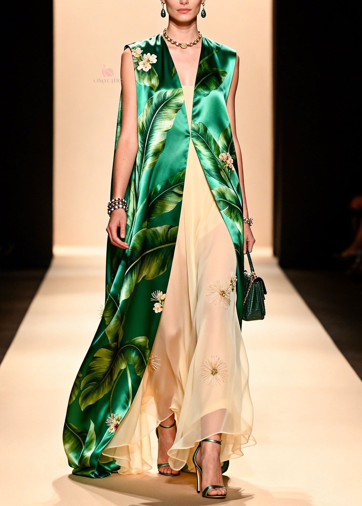 Italian Green Print Silk Cardigans Chiffon Dresses Two Pieces Set