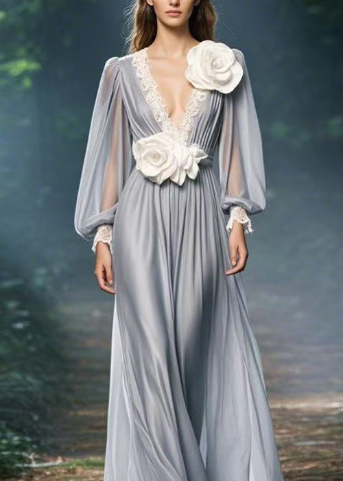 Chiffon Deep V-Neck Lace Trim Bishop Sleeve Floral Applique Maxi Gown - View 2