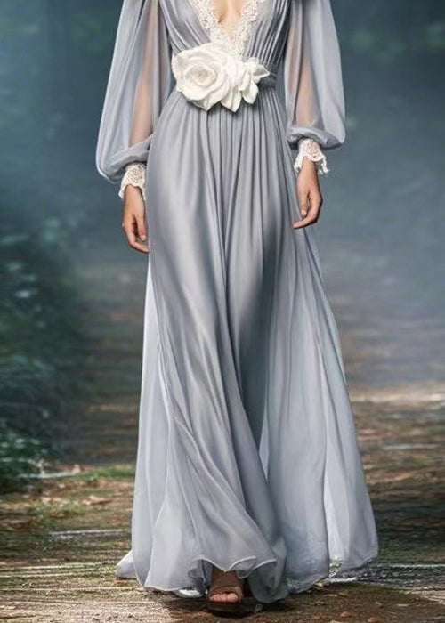Chiffon Deep V-Neck Lace Trim Bishop Sleeve Floral Applique Maxi Gown - View 4