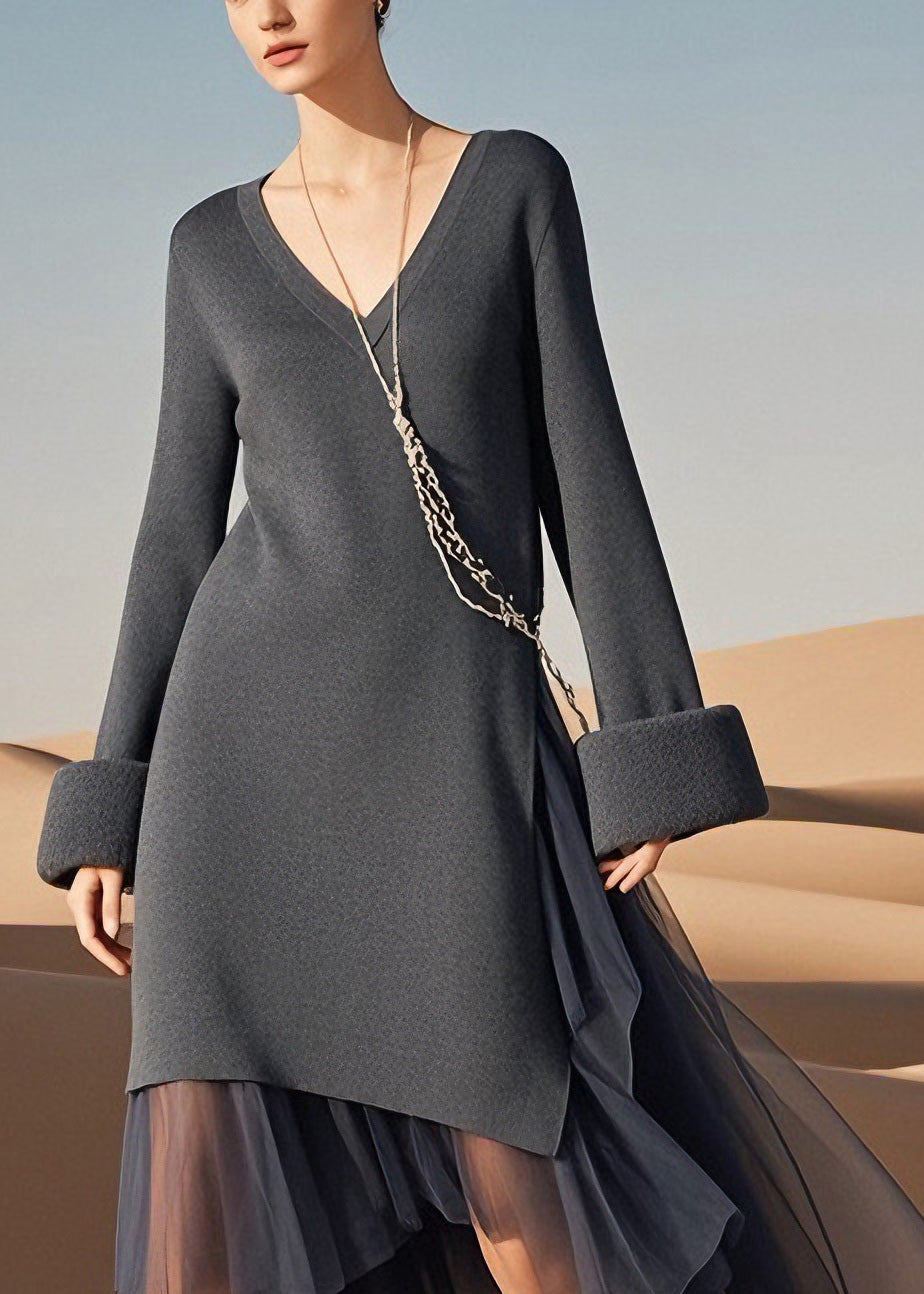 Knit V-Neck Long Sleeve Folded Cuff Tulle Layered High Low Midi Dress - View 2
