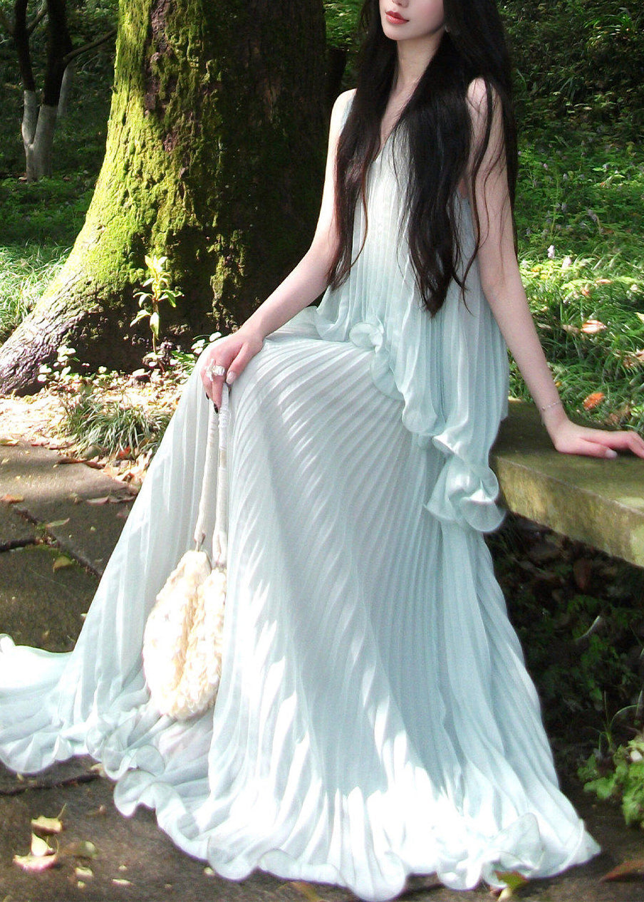 Chiffon Vertical Pleat Deep V-Neck Spaghetti Strap Maxi Gown