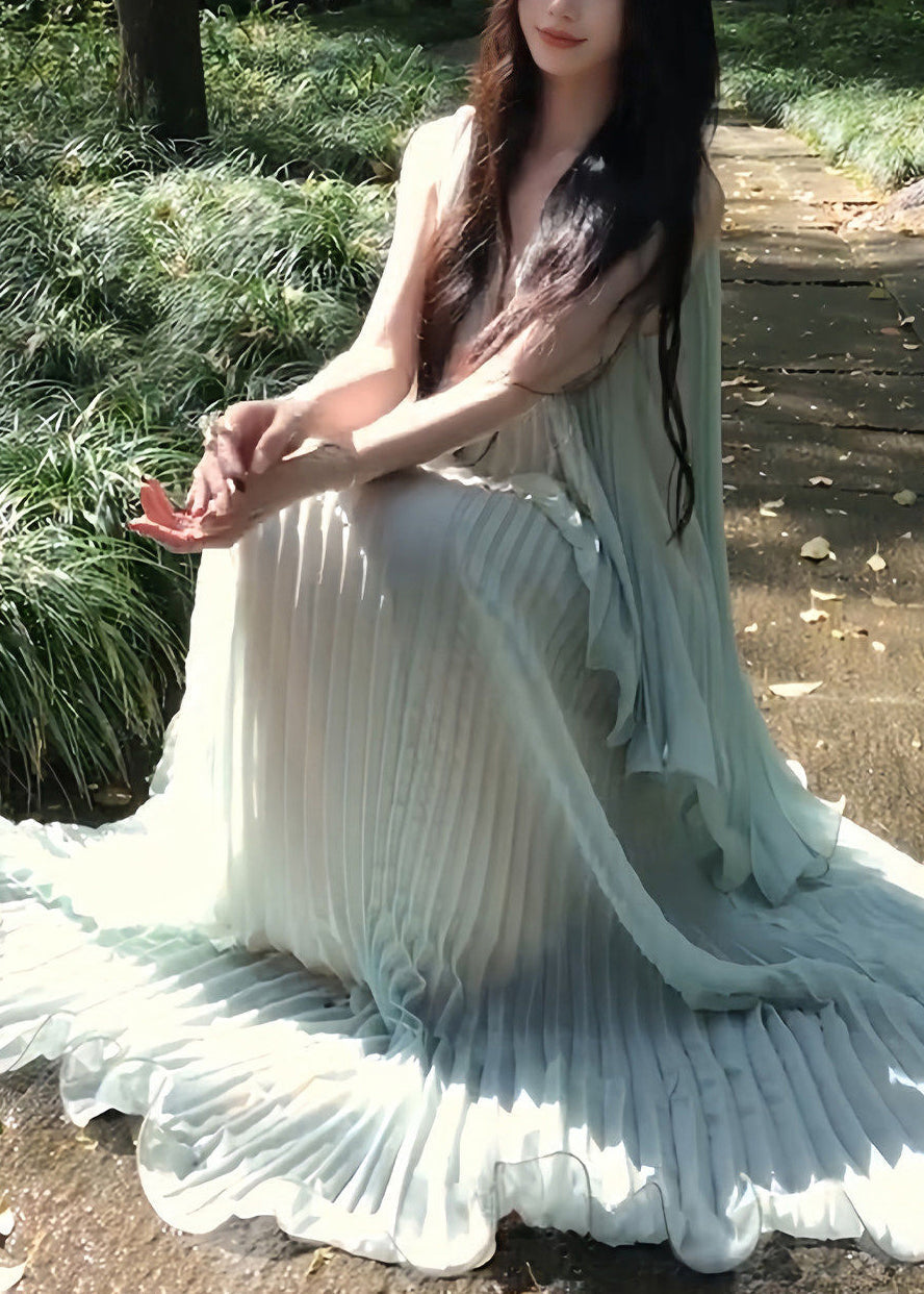 Chiffon Vertical Pleat Deep V-Neck Spaghetti Strap Maxi Gown - View 4