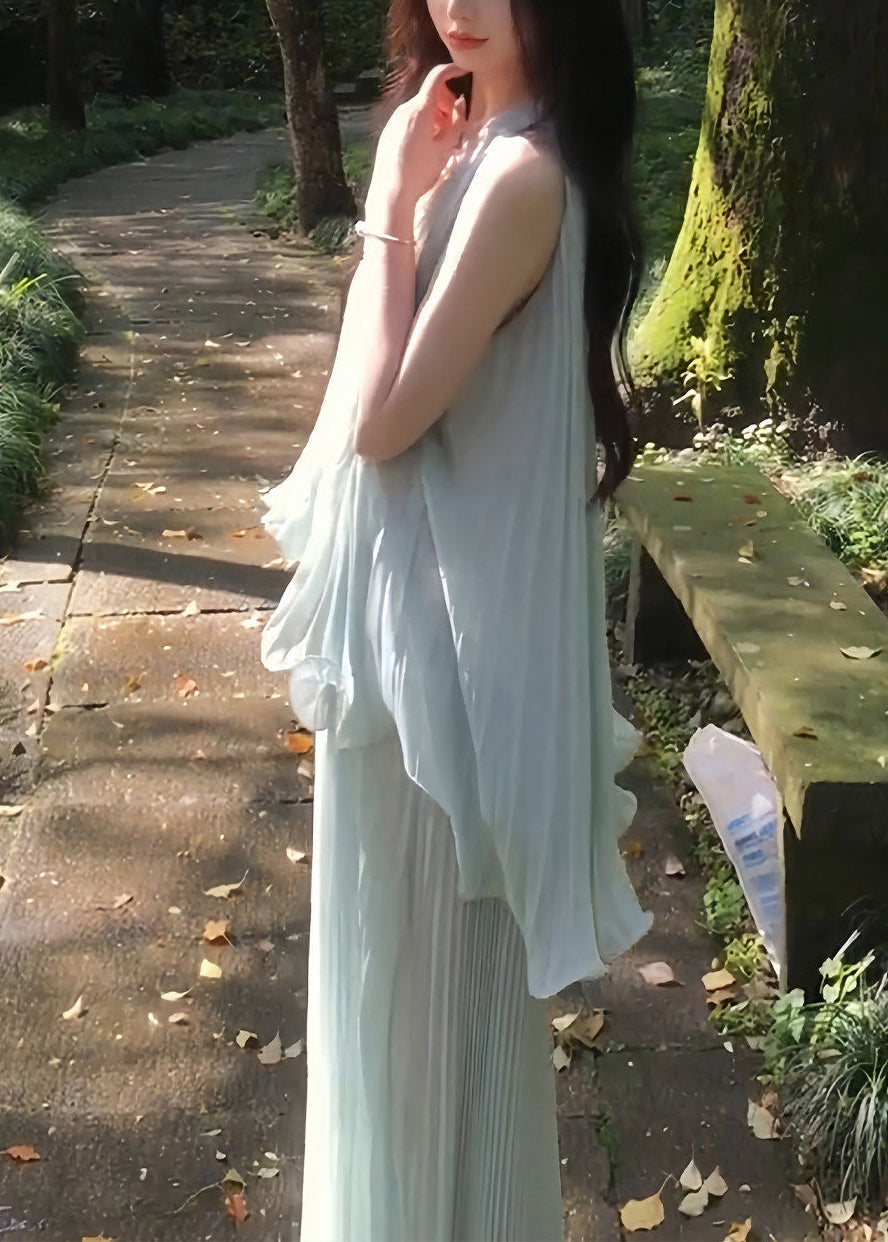 Chiffon Vertical Pleat Deep V-Neck Spaghetti Strap Maxi Gown - View 5