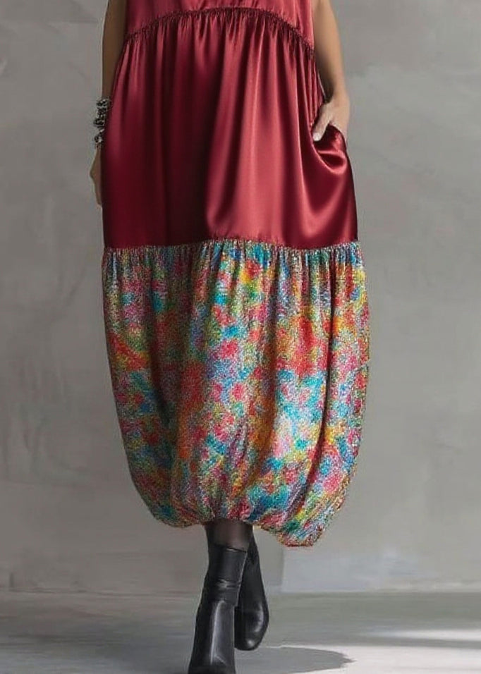 V-Neck Sleeveless Empire Waist Patchwork Bubble Hem Tiered Maxi Dress - View 4