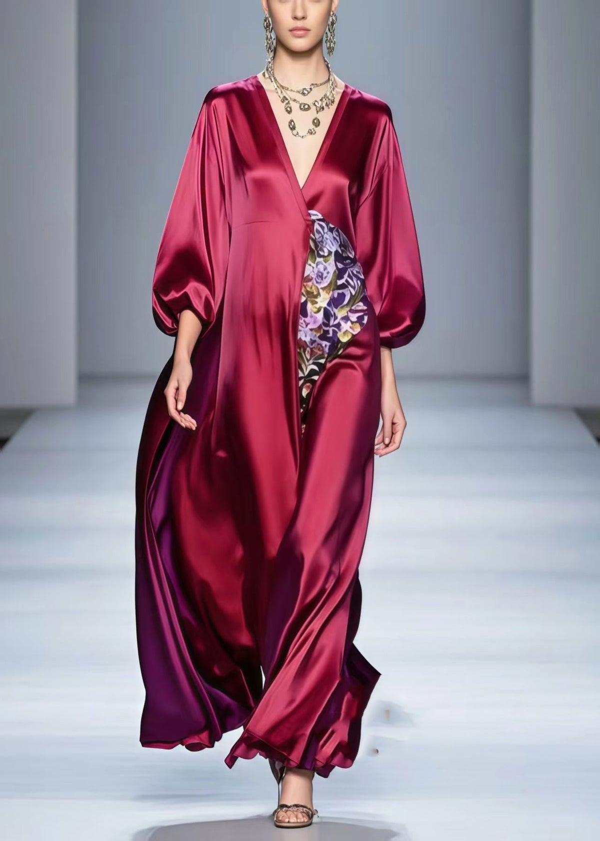 Satin Deep V-Neck Balloon Sleeve Empire Waist Floral Maxi Gown