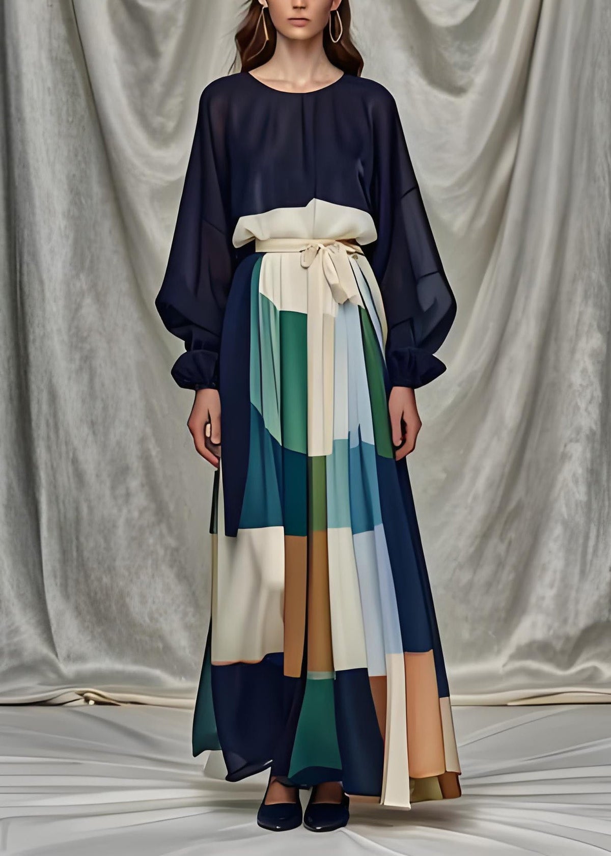 Patchwork Bishop Sleeve Tie Sash A-Line Maxi Dress