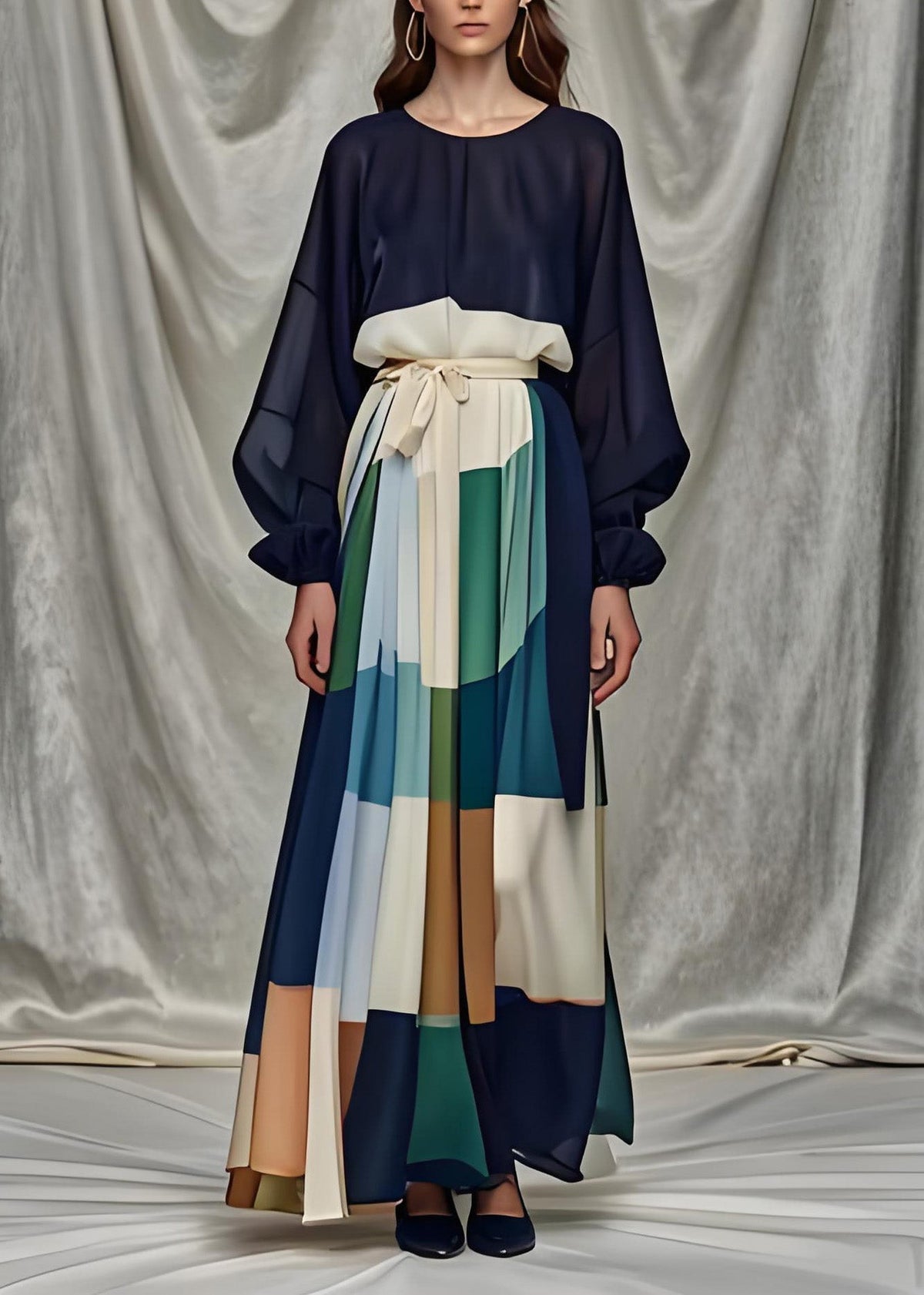 Patchwork Bishop Sleeve Tie Sash A-Line Maxi Dress - View 2