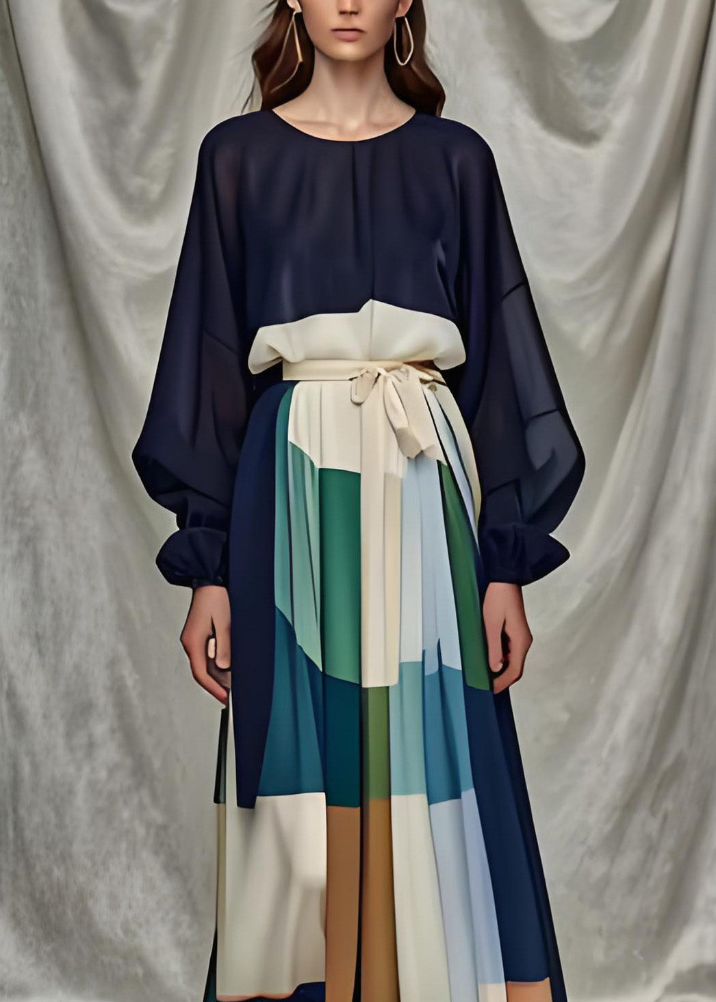Patchwork Bishop Sleeve Tie Sash A-Line Maxi Dress - View 3