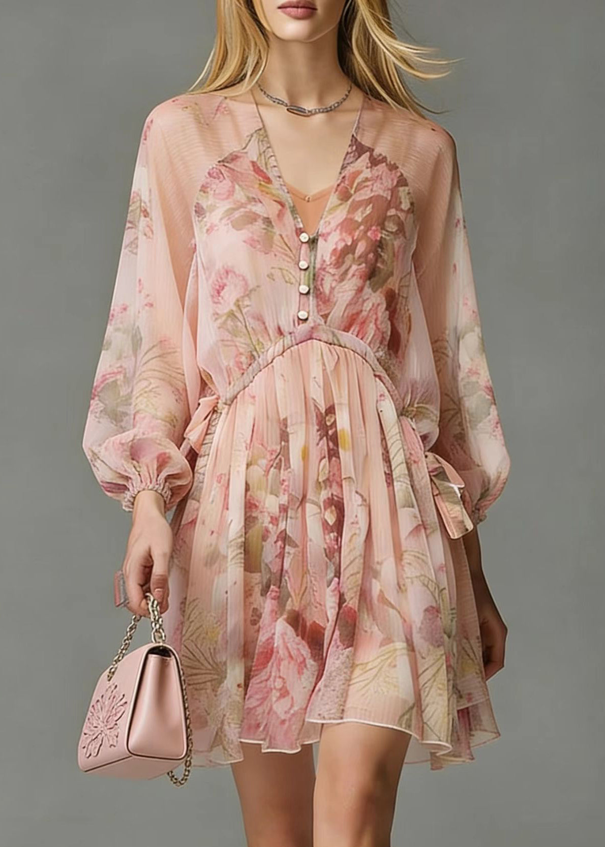 Floral Print V-Neck Button Front Tie Waist Long Sleeve Mini Dress - View 3