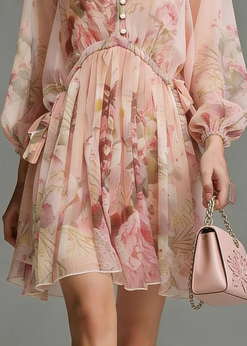 Floral Print V-Neck Button Front Tie Waist Long Sleeve Mini Dress - View 4