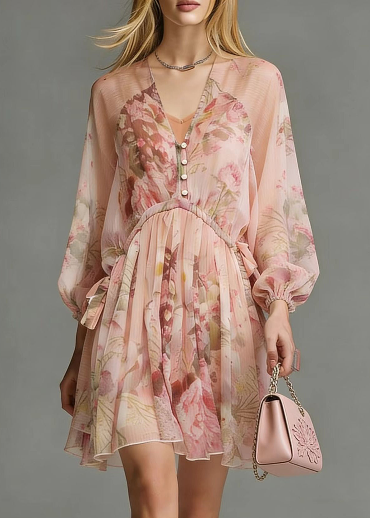 Floral Print V-Neck Button Front Tie Waist Long Sleeve Mini Dress - View 5