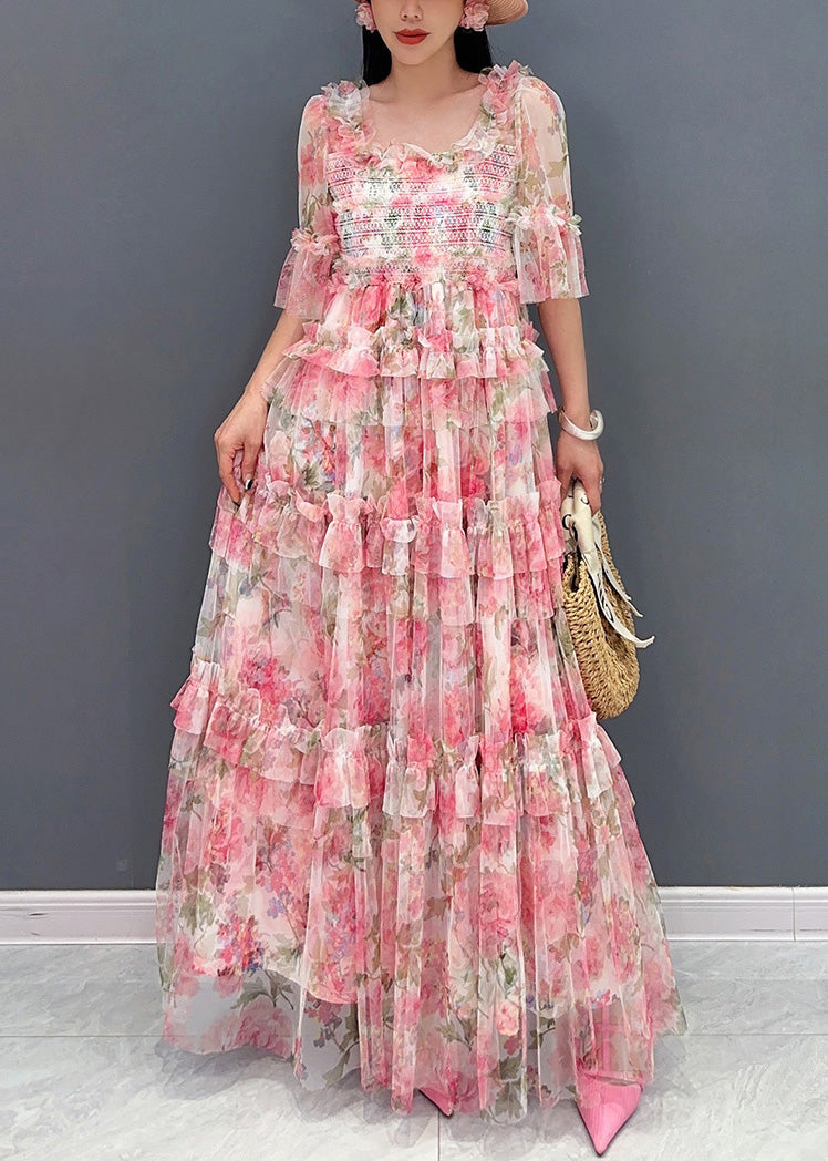 Italian Pink Ruffled Print Chiffon Long Dresses Half Sleeve - View 2
