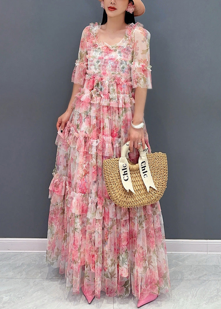 Italian Pink Ruffled Print Chiffon Long Dresses Half Sleeve - View 3