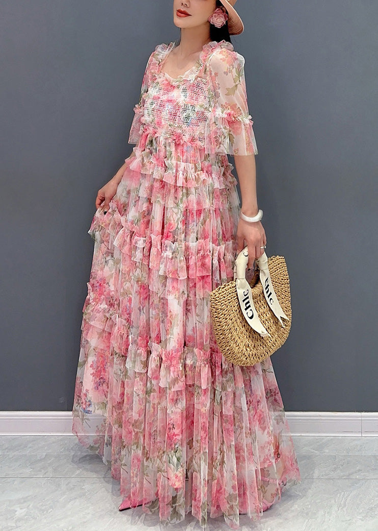 Italian Pink Ruffled Print Chiffon Long Dresses Half Sleeve - View 4