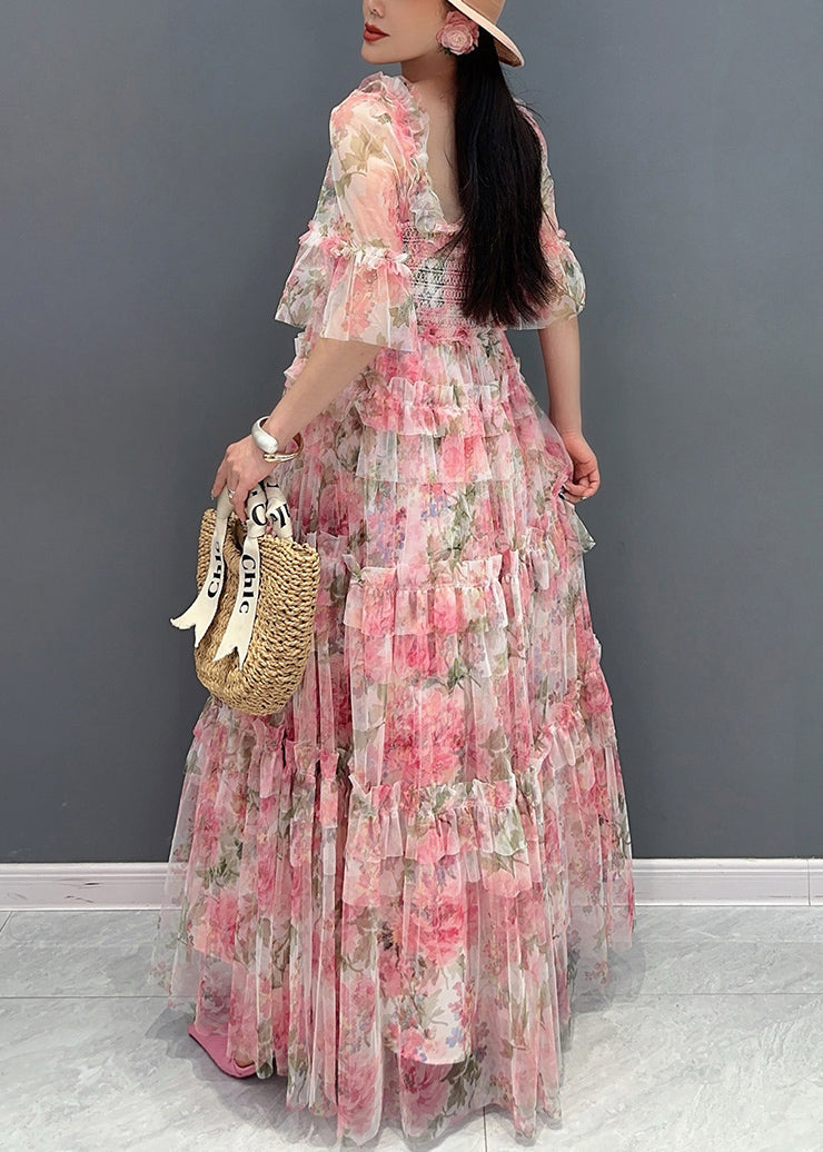 Italian Pink Ruffled Print Chiffon Long Dresses Half Sleeve - View 5