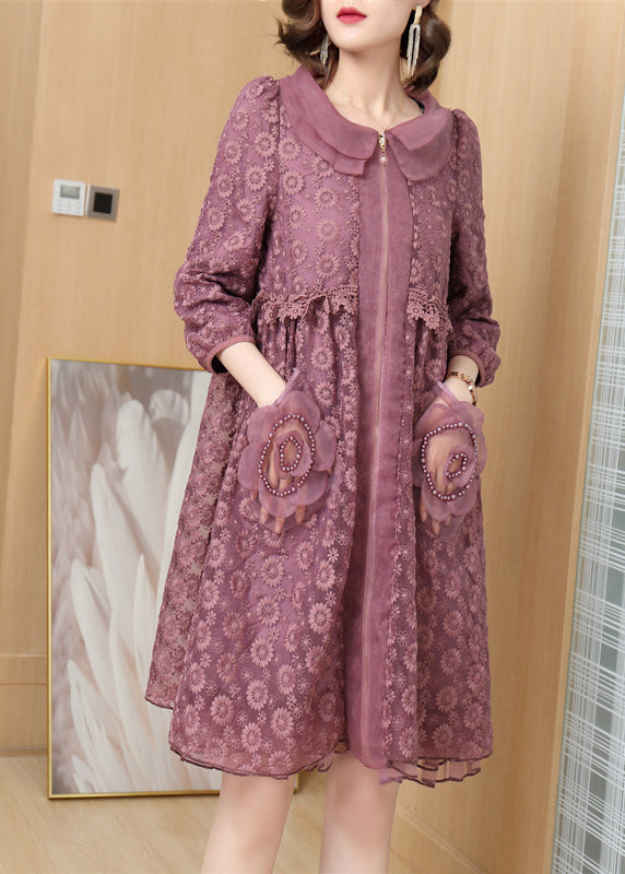 Lace Peter Pan Collar Zip Front Pearl Applique Mesh Hem Midi Dress - View 2