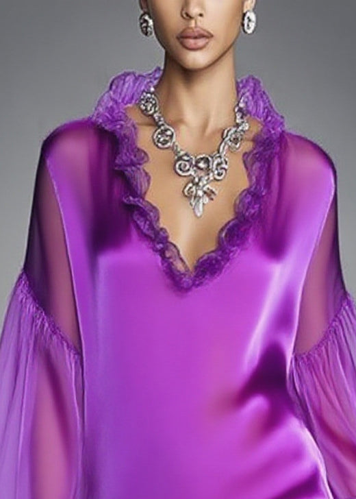 Italian Purple Ruffled Patchwork Chiffon Tea Dress Spring - View 2