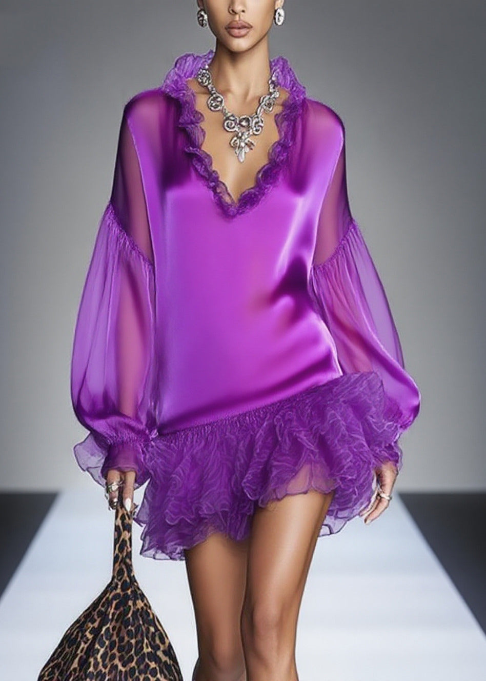 Italian Purple Ruffled Patchwork Chiffon Tea Dress Spring - View 5