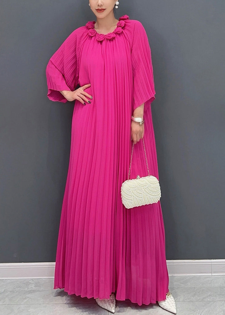 Accordion Pleat Round Neck Rosette Appliqué Wide Flare Maxi Gown