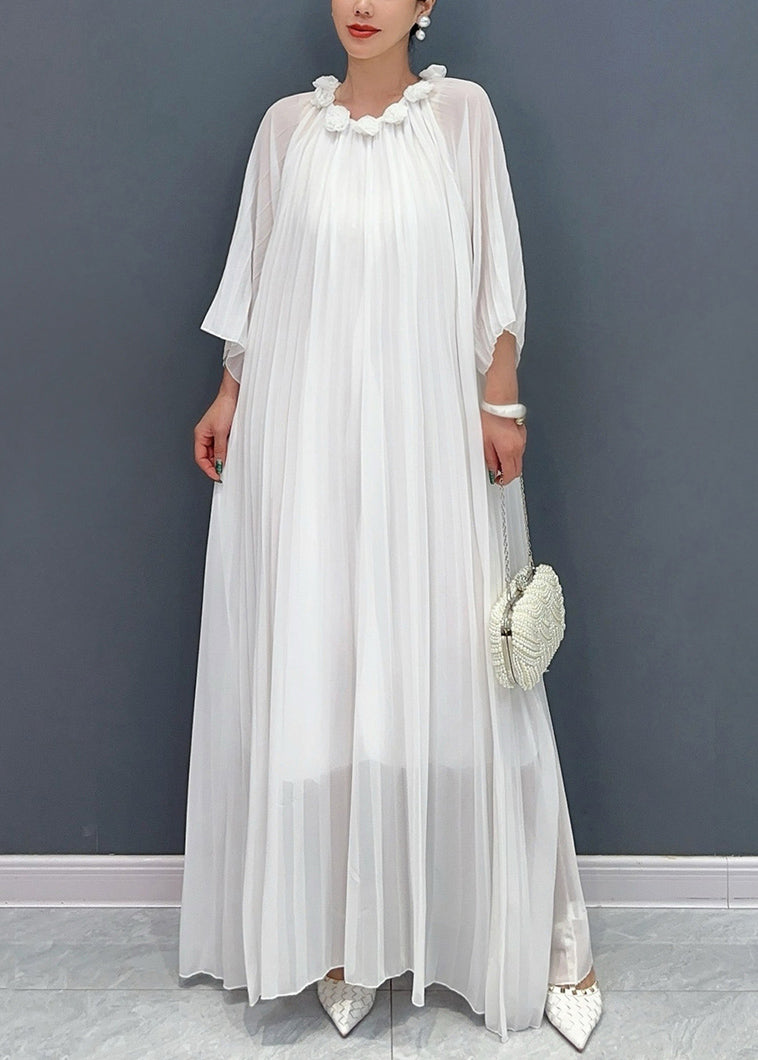Accordion Pleat Round Neck Rosette Appliqué Wide Flare Maxi Gown - View 2