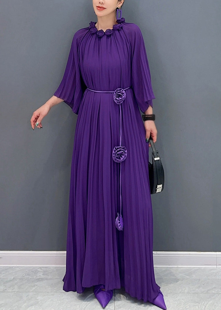 Accordion Pleat Round Neck Rosette Appliqué Wide Flare Maxi Gown - View 3