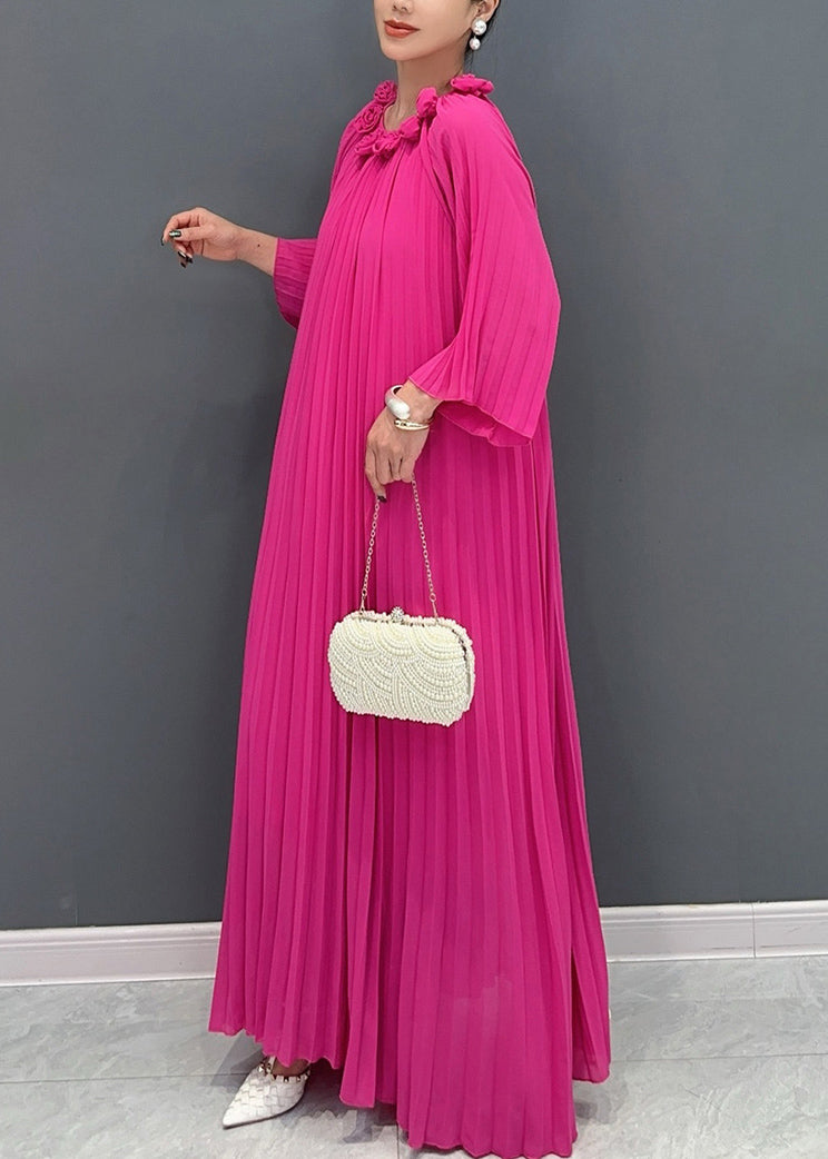 Accordion Pleat Round Neck Rosette Appliqué Wide Flare Maxi Gown - View 4