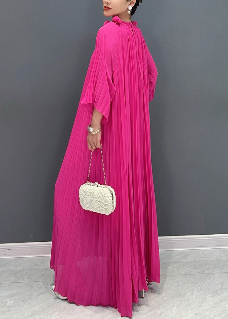 Accordion Pleat Round Neck Rosette Appliqué Wide Flare Maxi Gown - View 5