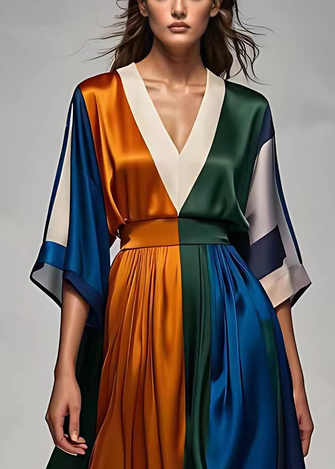 Satin Deep V-Neck Sleeve Colorblock Pleated Waistband Maxi Dress