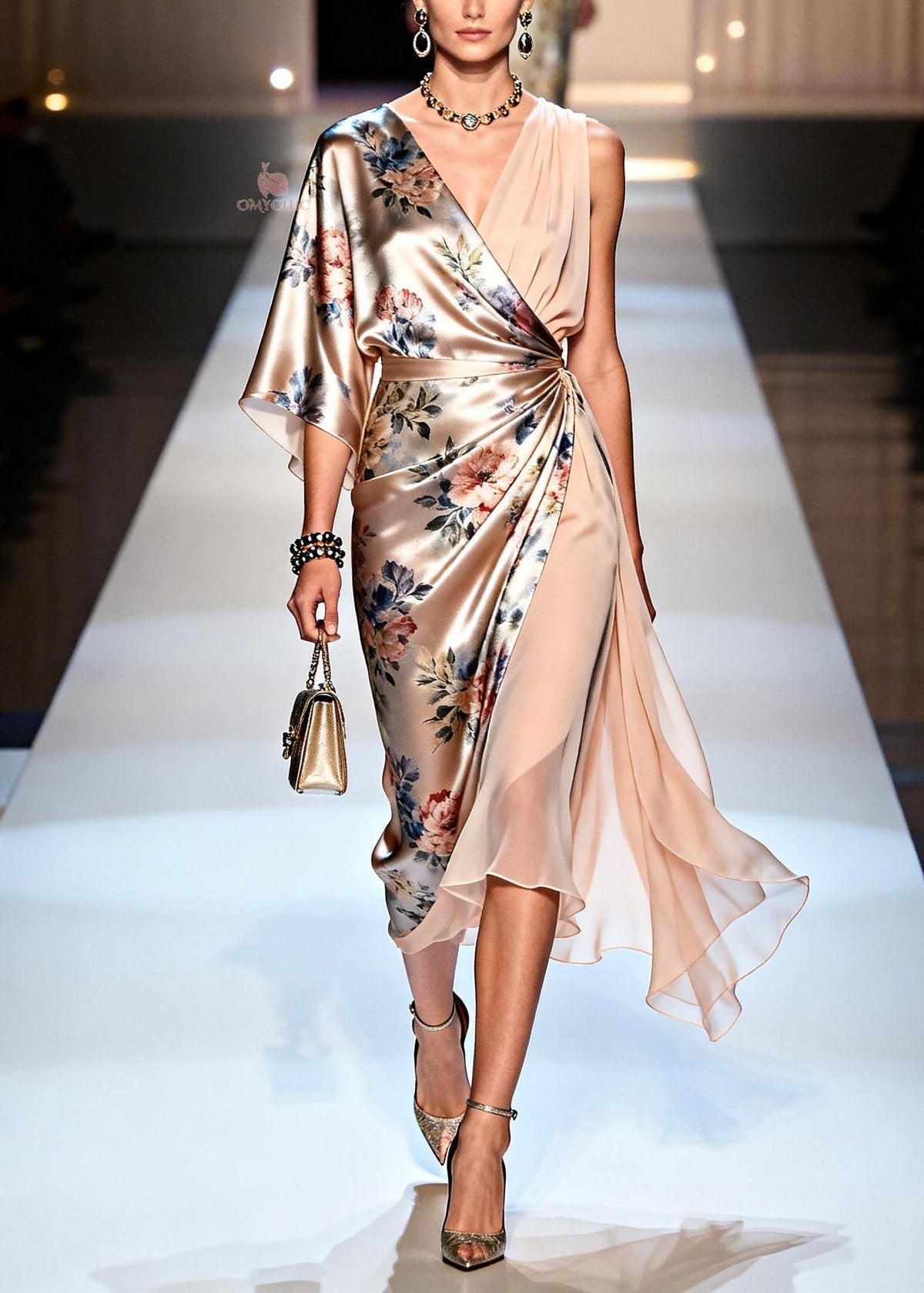 Satin Floral Print One Shoulder Asymmetric Wrap Midi Dress - View 5