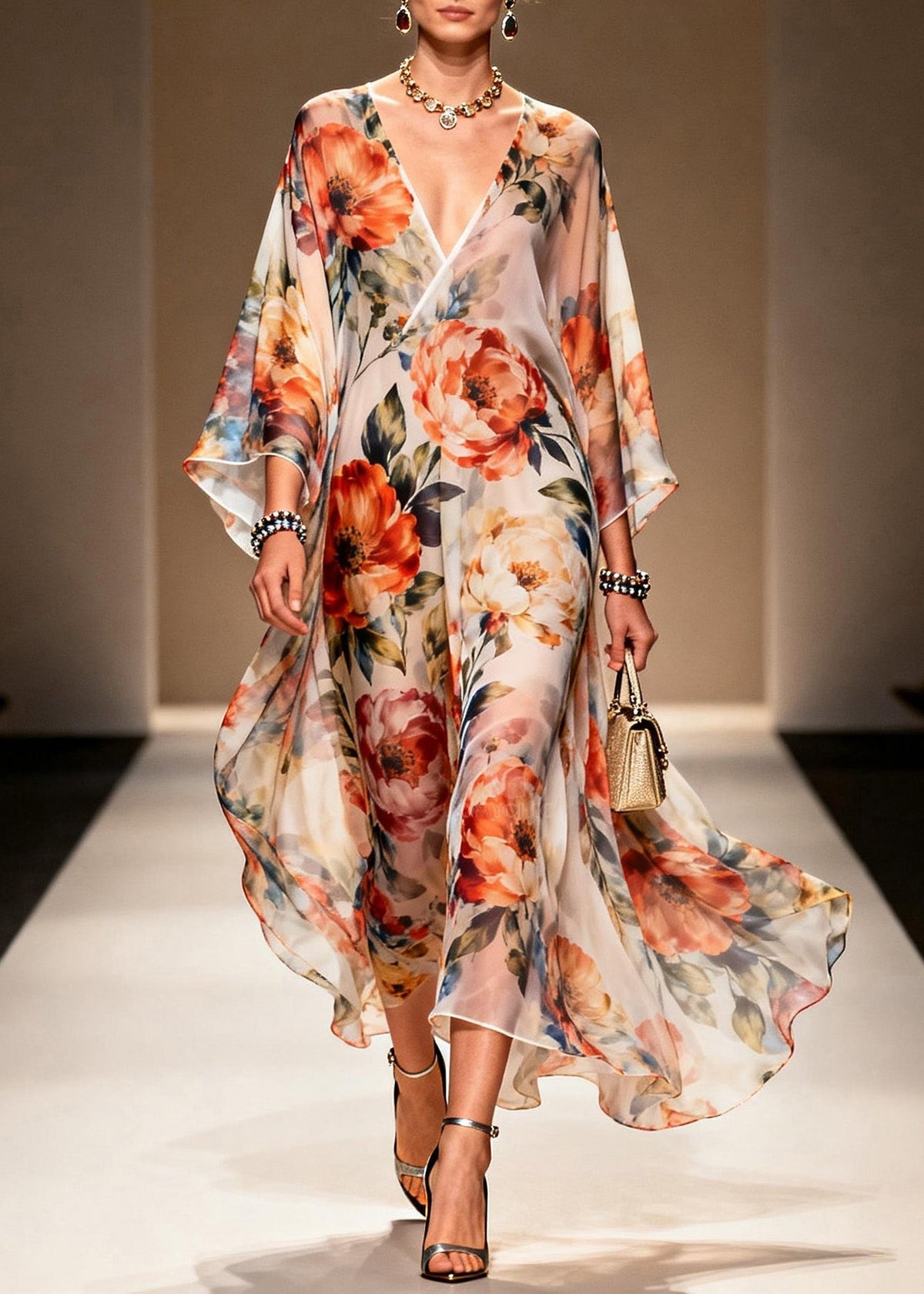 Floral Print Deep V-Neck Wrap Kimono Sleeve High Split Maxi Gown - View 3