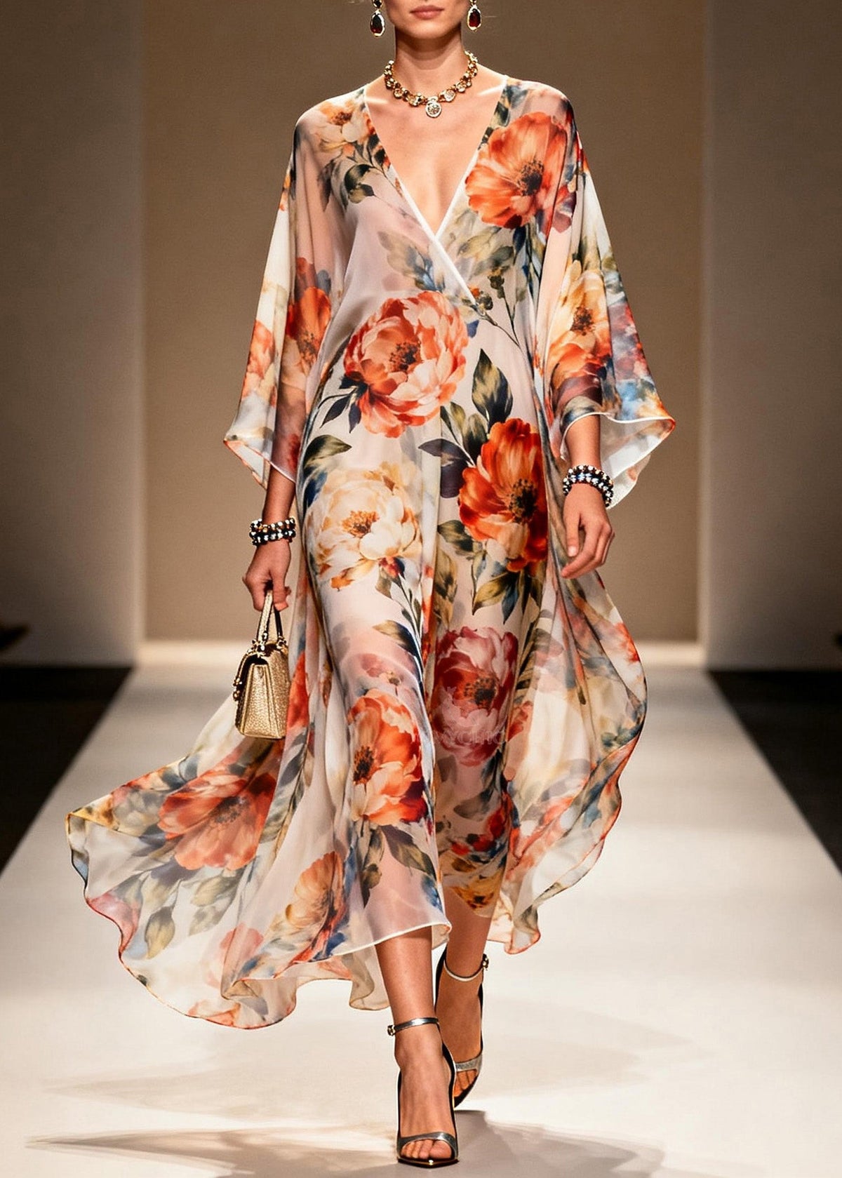 Floral Print Deep V-Neck Wrap Kimono Sleeve High Split Maxi Gown - View 5