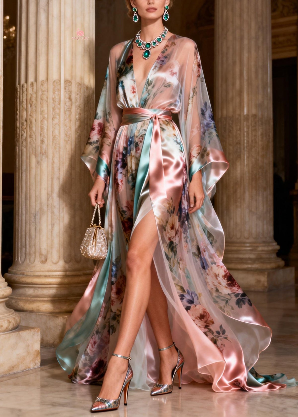 Floral Print Chiffon Deep V-Neck Wrap Tie Waist Sleeve Maxi Gown
