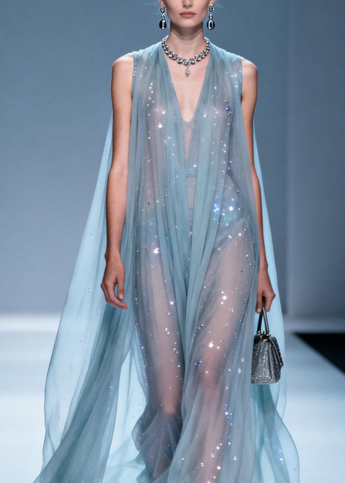 Rhinestone Scatter Deep V-Neck Sleeveless Sheer A-Line Maxi Gown - View 2