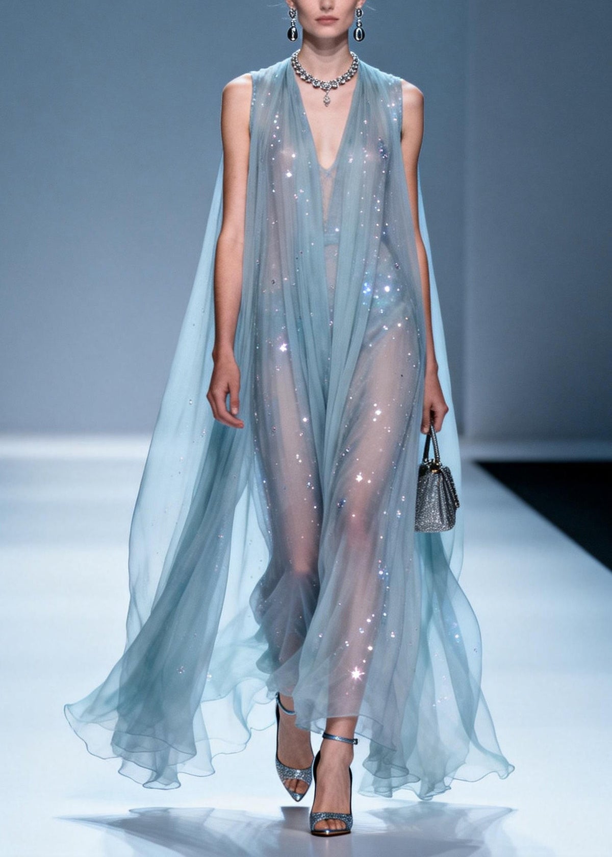 Rhinestone Scatter Deep V-Neck Sleeveless Sheer A-Line Maxi Gown - View 5