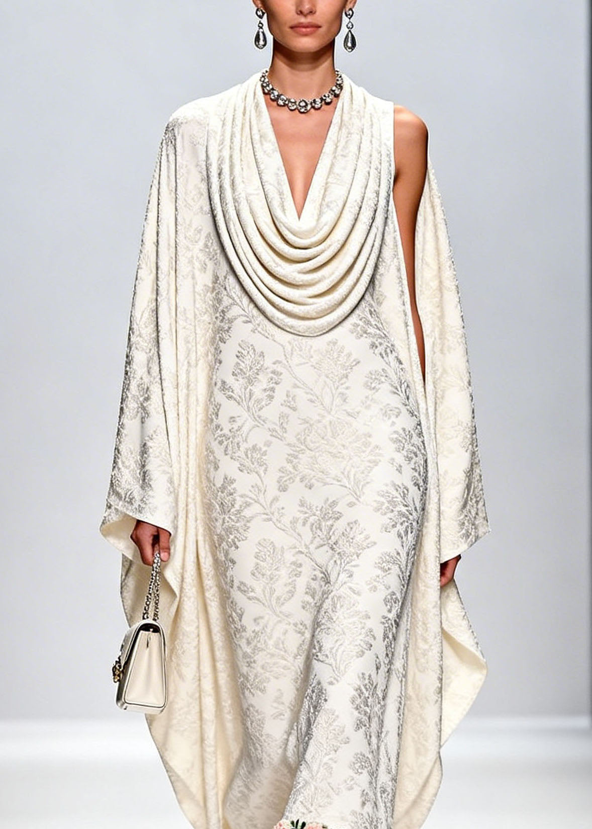 Italian White Draped Neckline Print Ruffled Floral Silk Dress Fall - View 2