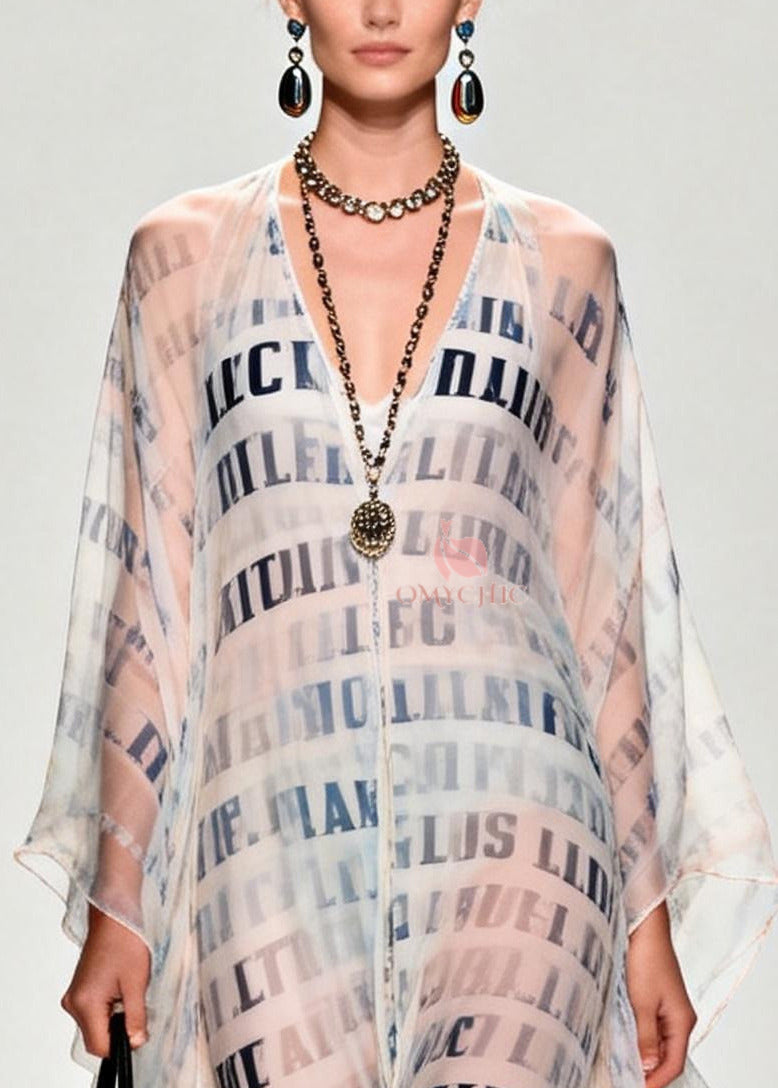 Chiffon Deep V-Neck Letter Print Sheer Kaftan Maxi Gown - View 2