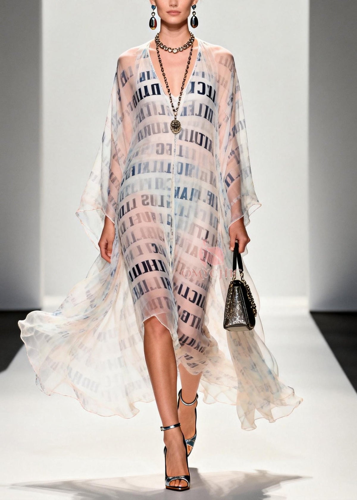 Chiffon Deep V-Neck Letter Print Sheer Kaftan Maxi Gown - View 3