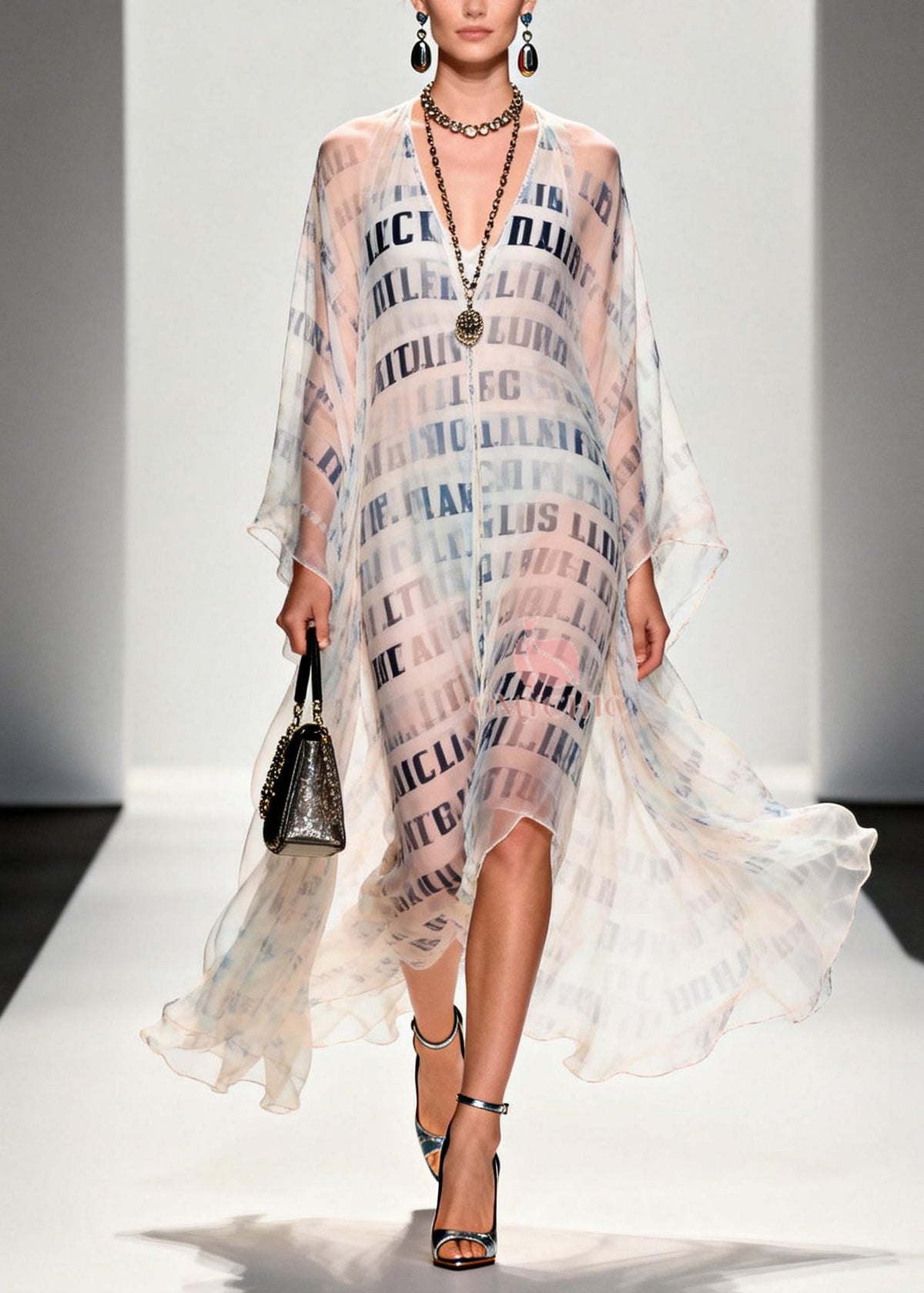 Chiffon Deep V-Neck Letter Print Sheer Kaftan Maxi Gown - View 5